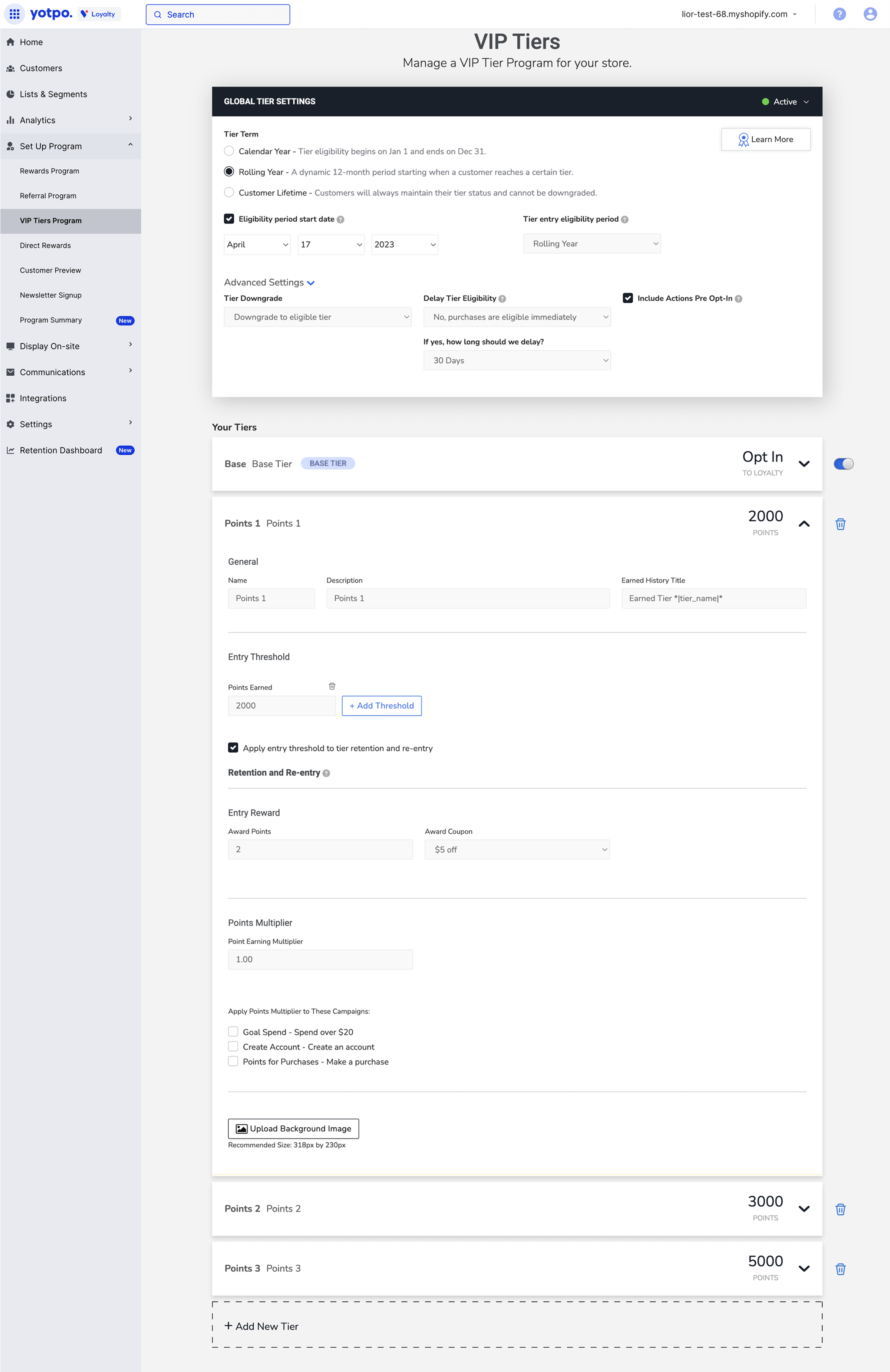 Before: Old Yotpo interface with complex tiered loyalty program settings