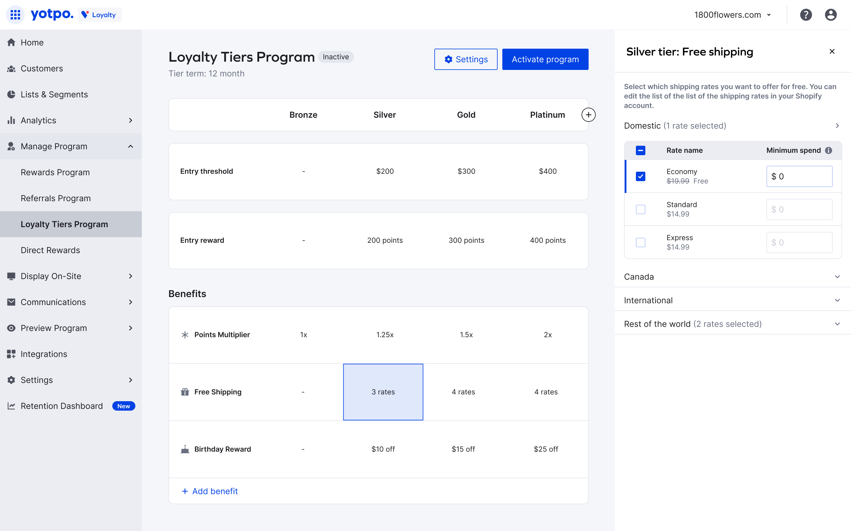 Table view with free shipping tier selected