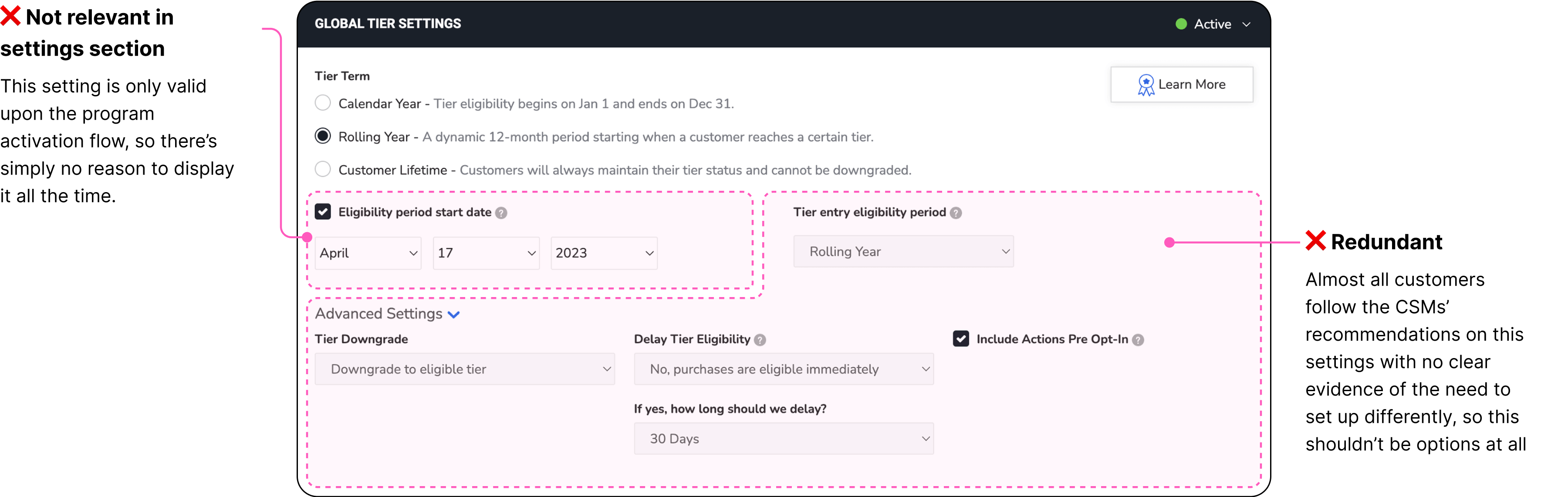 Before: Complex global settings interface with irrelevant and redundant options